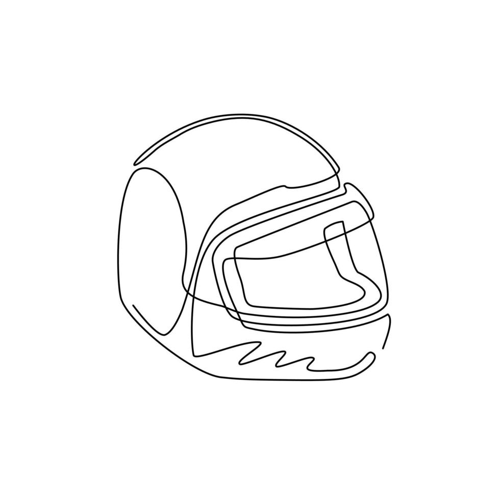 Continuous one line drawing motor racing helmet with closed glass visor. For car, motorcycle sport, race, motocross or biker club, motorsport competition. Single line draw design vector illustration