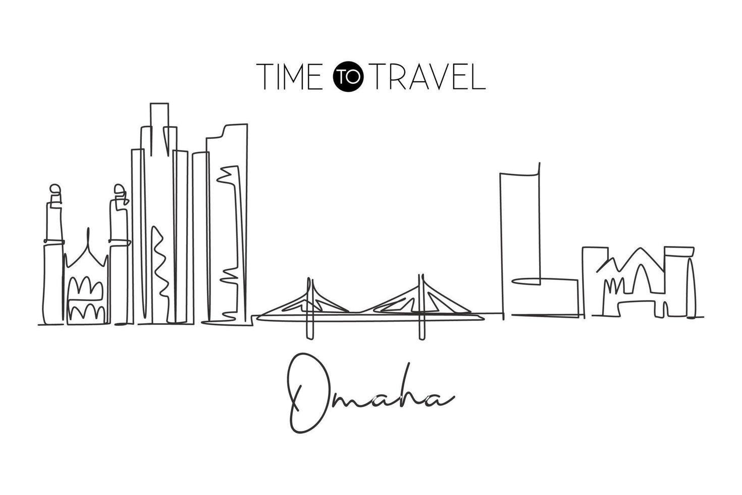 Single continuous line drawing of Omaha city skyline, Nebraska, United States. Famous city for wall decor print. World travel concept. Editable stroke modern one line draw design vector illustration