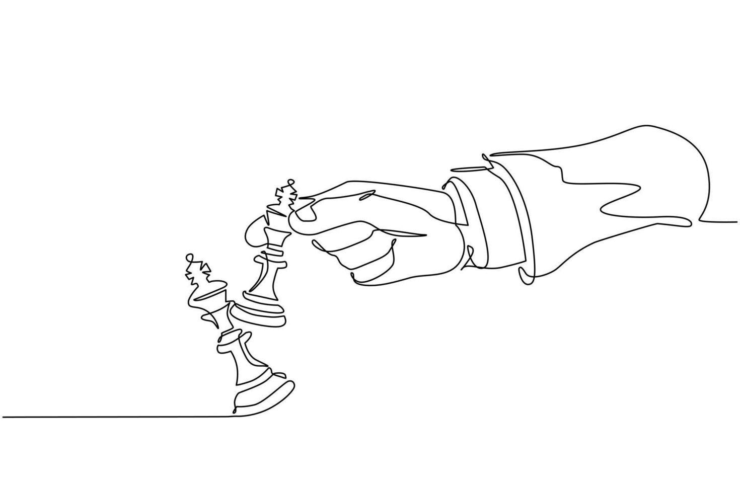 Continuous one line drawing man hand holding chess king. Male use king chess piece to crash opposite team king figure. Checkmate. Win in chess game. Single line draw design vector graphic illustration