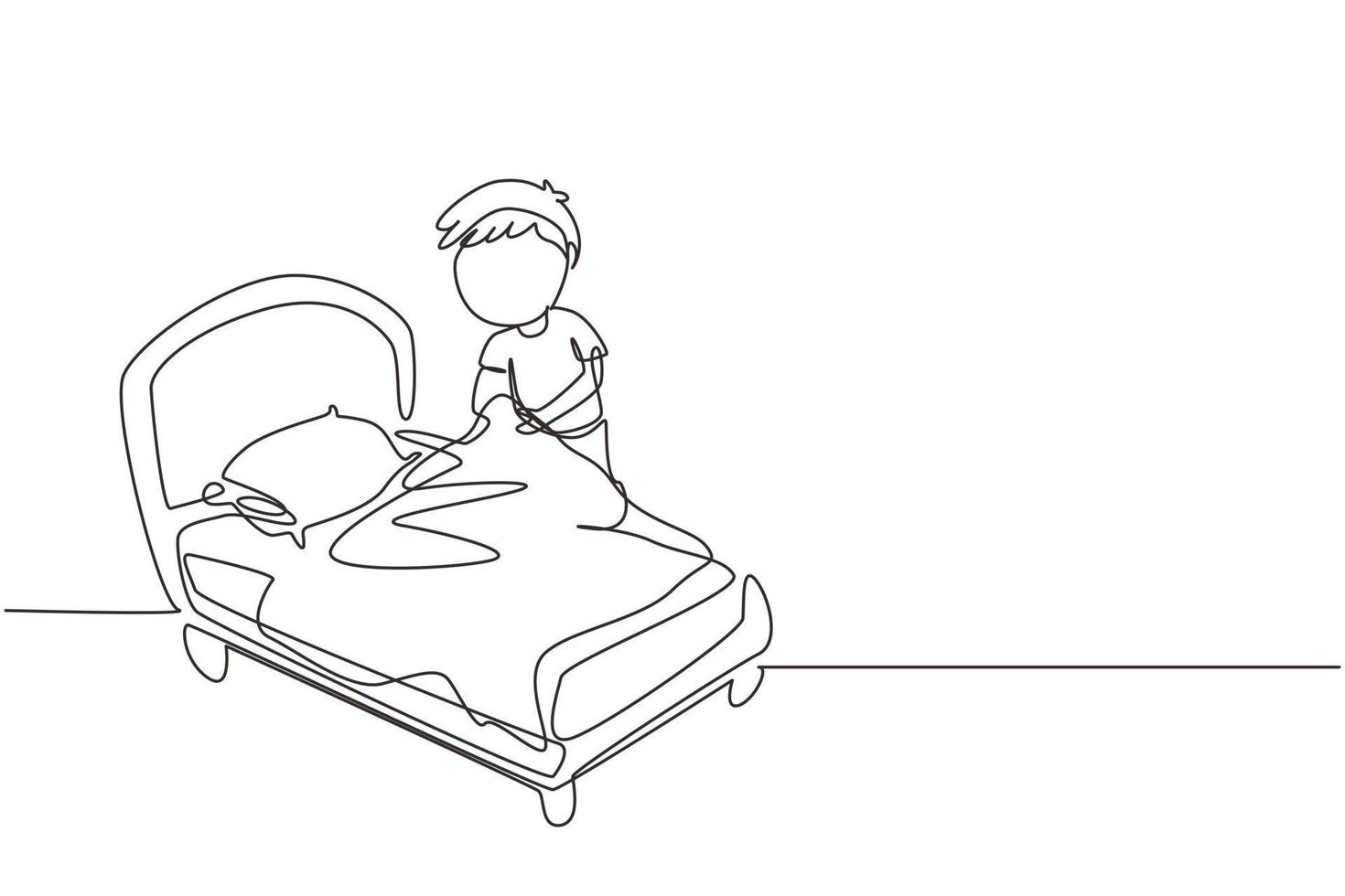 Single continuous line drawing little boy making the bed. Kids doing housework chores at home concept. Kids routine after waking up to tidy up the bed. One line draw graphic design vector illustration