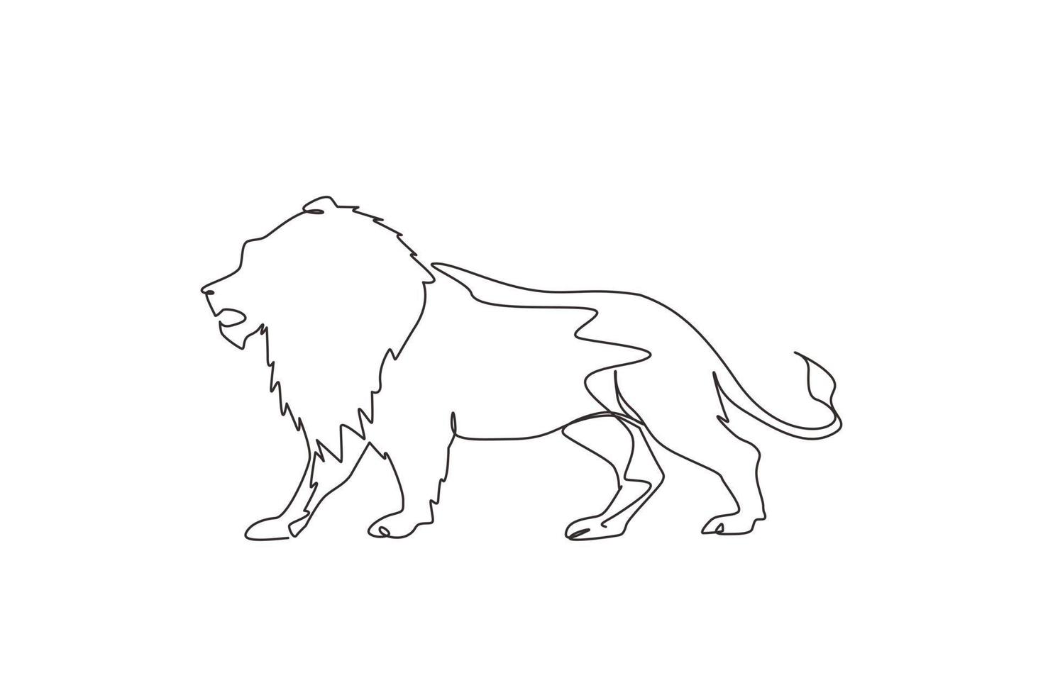 dibujo de una sola línea continua león fuerte de pie de cuerpo completo, rey de la jungla. mascota de mamífero felino fuerte. peligroso logotipo de animal de gato grande. Ilustración de vector de diseño gráfico de dibujo de una línea dinámica