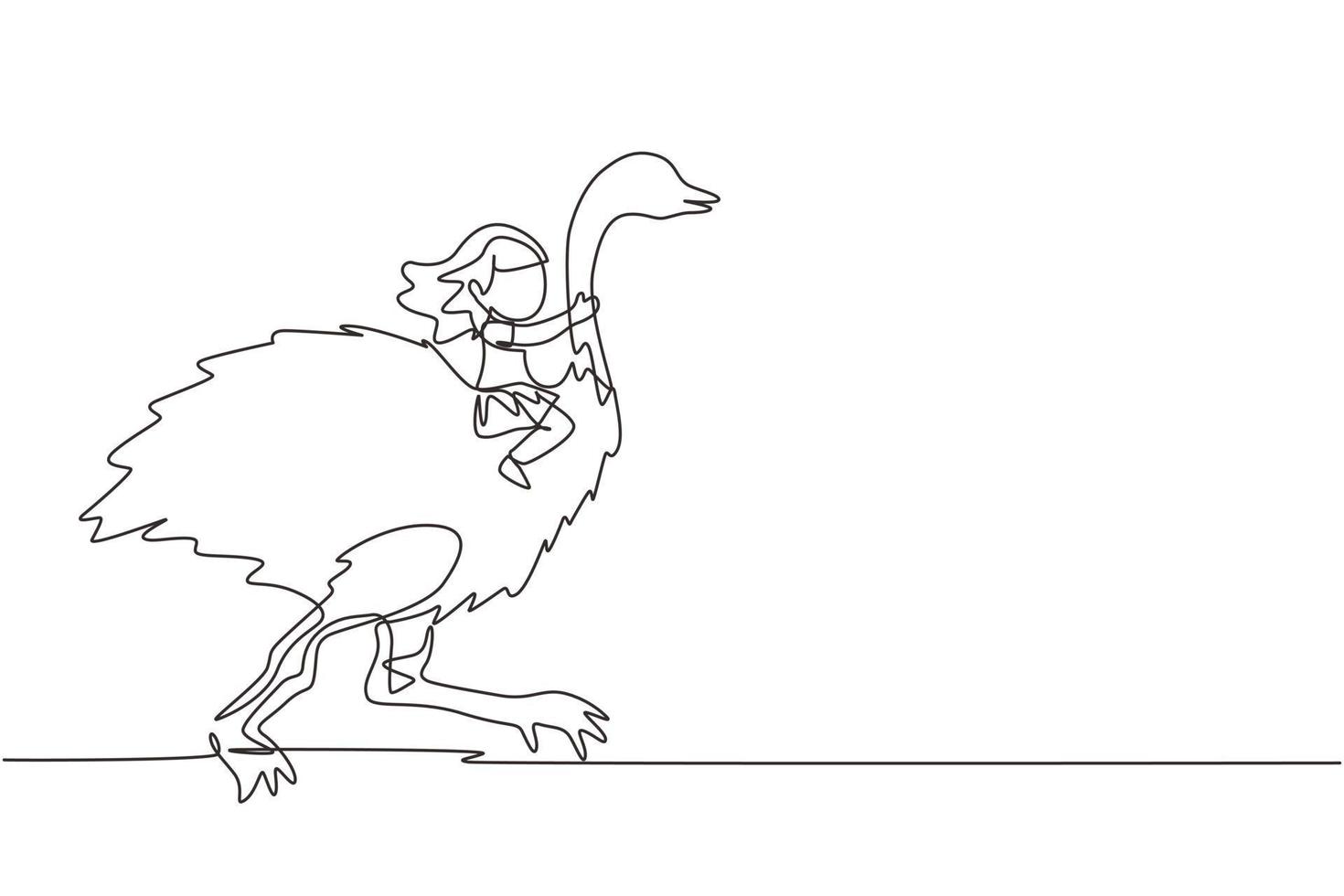 Continuous one line drawing happy little girl riding ostrich. Child sitting on back ostrich with holding its neck. Kid learning to ride ostrich. Single line draw design vector graphic illustration