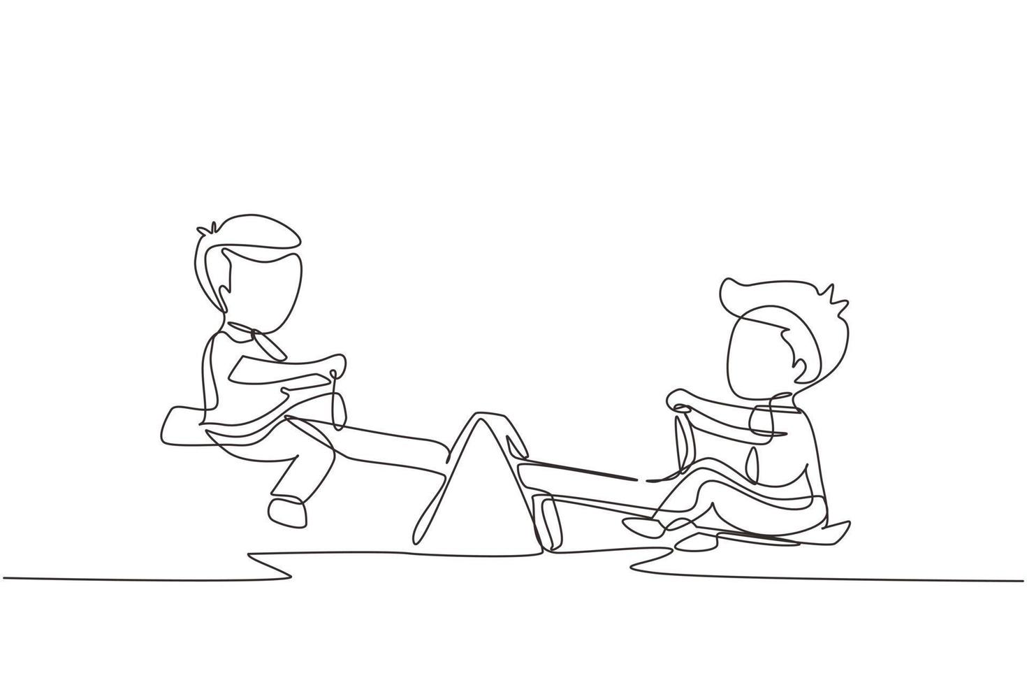 Continuous one line drawing two little boys swinging on seesaw. Kids having fun at playground. Cute kids playing seesaw together in kindergarten. Single line draw design vector graphic illustration