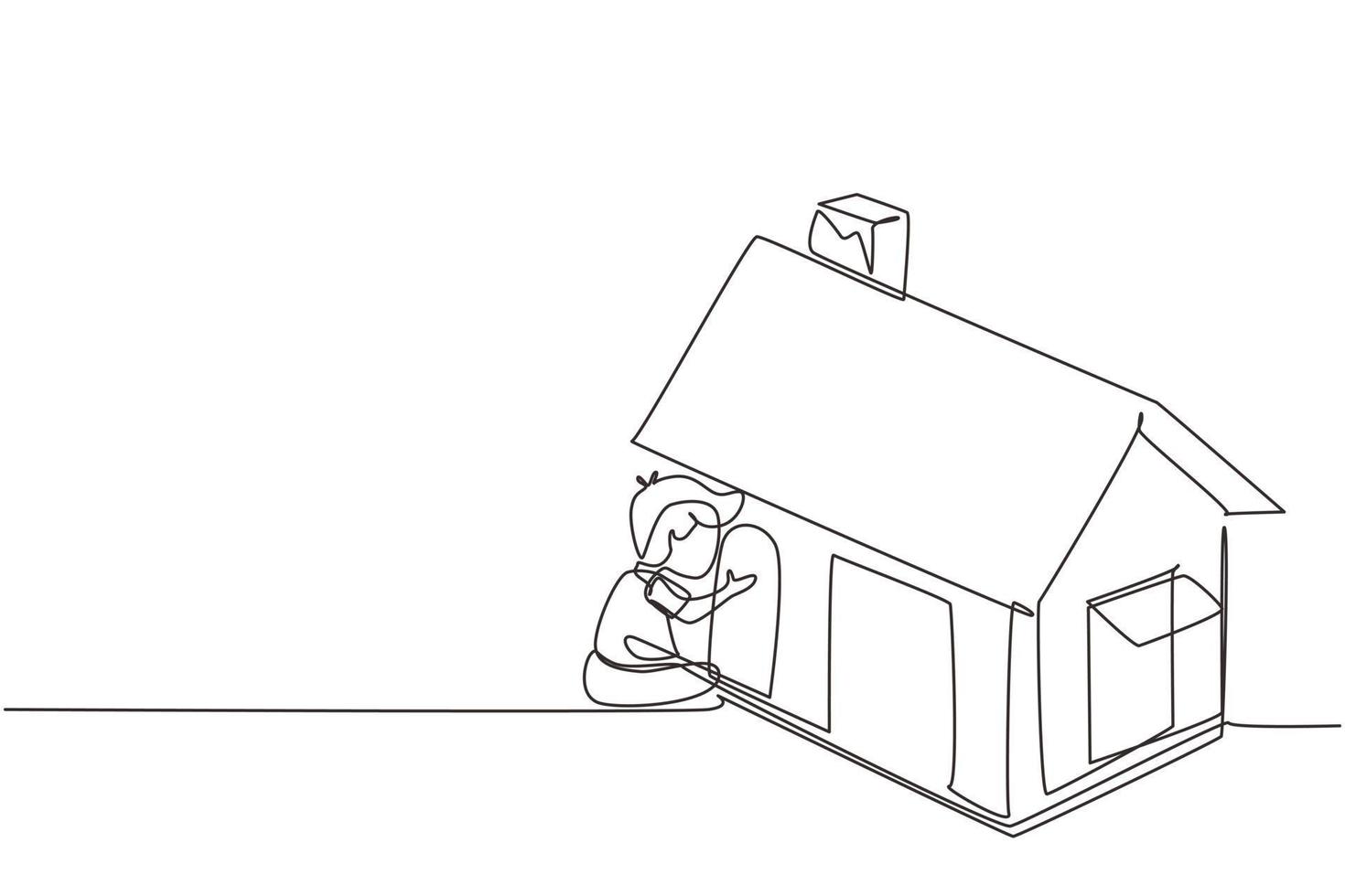 Single one line drawing cute little boy playing in house made of cardboard boxes. Creative child sitting in playhouse. Kid leisure time. Modern continuous line draw design graphic vector illustration