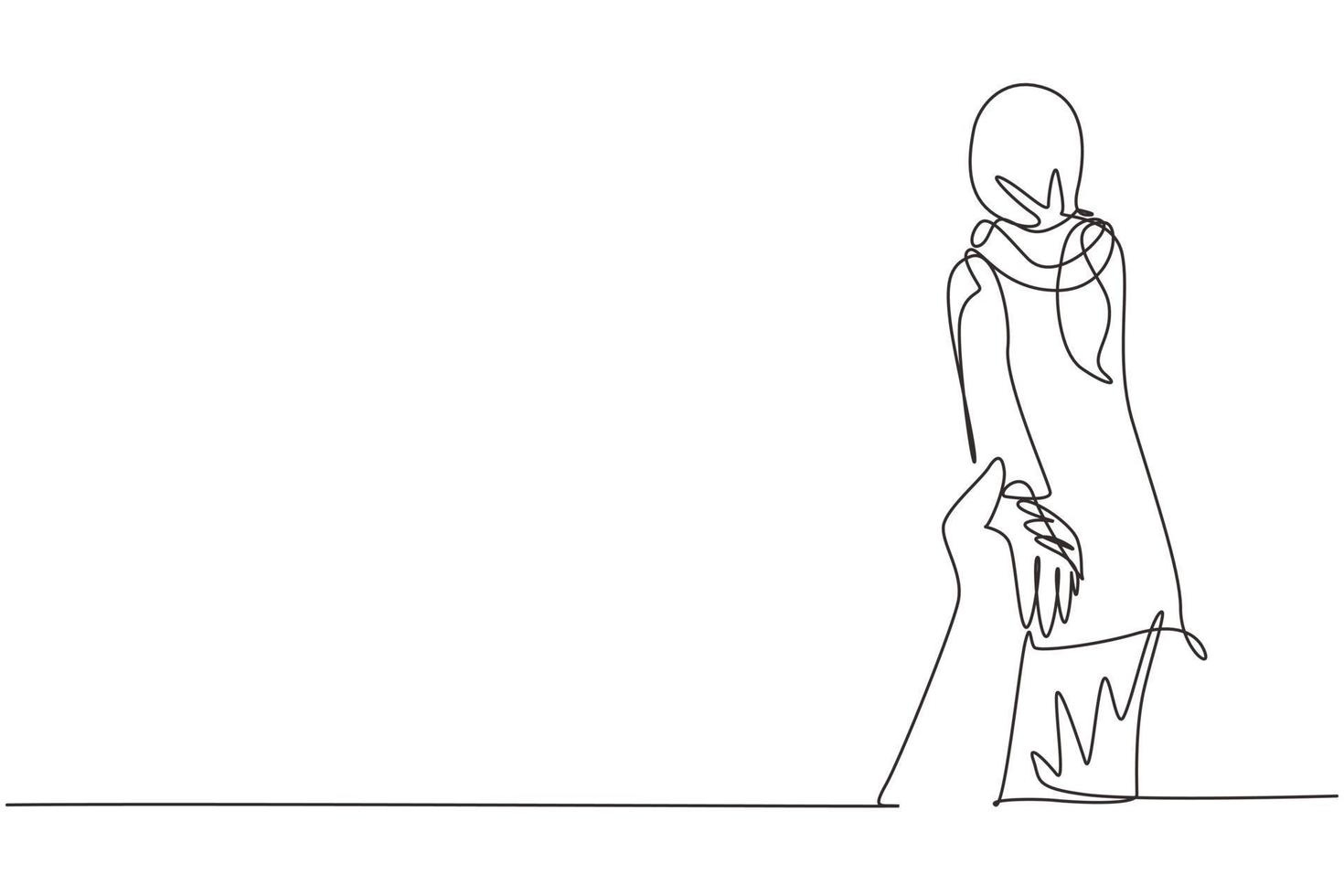 Continuous one line drawing Arabic girl leads guy's hand. Take my hand. Woman walking on romantic honeymoon holidays holding hand of husband following her. Single line draw vector graphic illustration