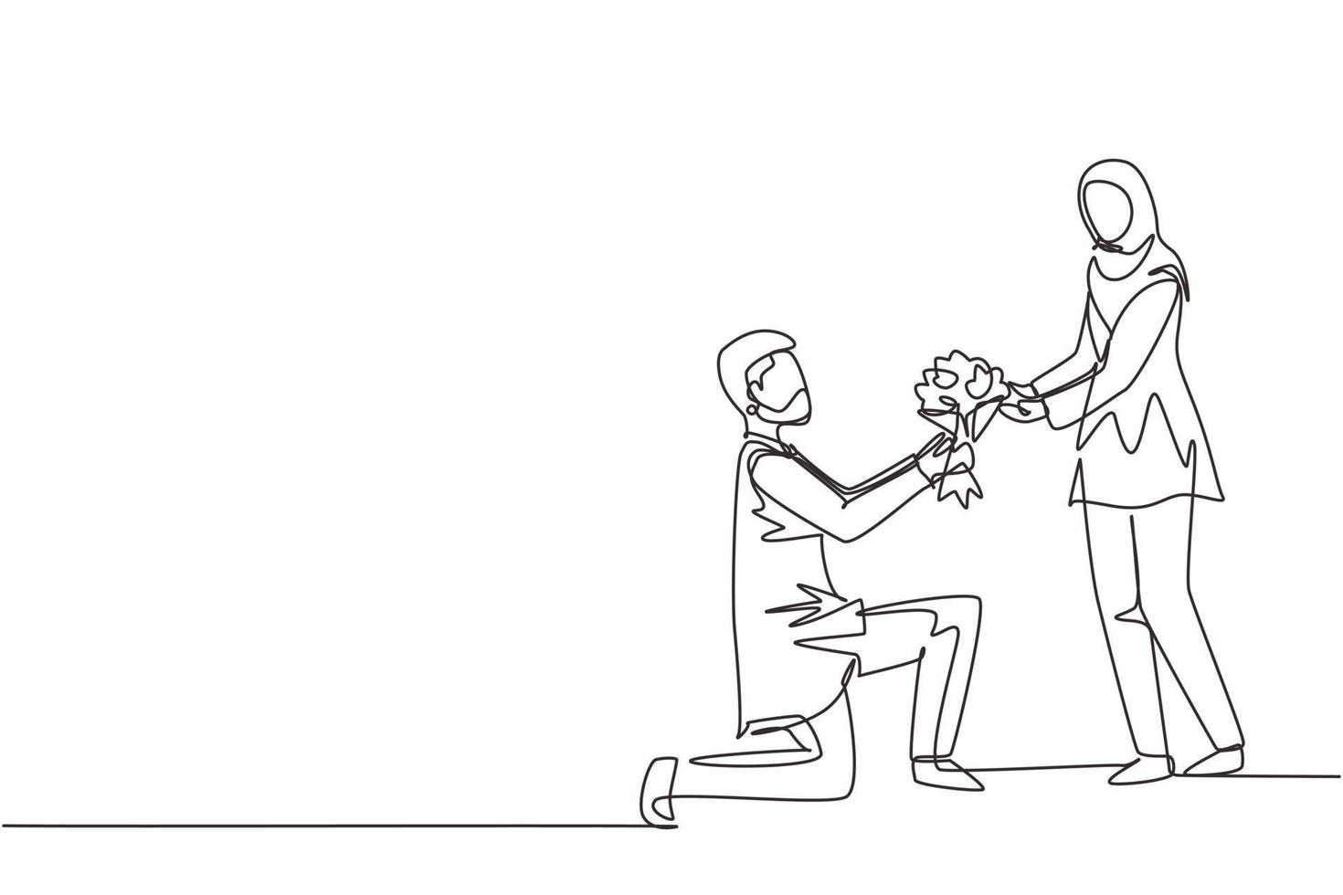 Single continuous line drawing Arab man on knee making marriage proposal to woman with bouquet. Boy in love giving flowers. Happy couple getting ready for wedding. One line draw graphic design vector