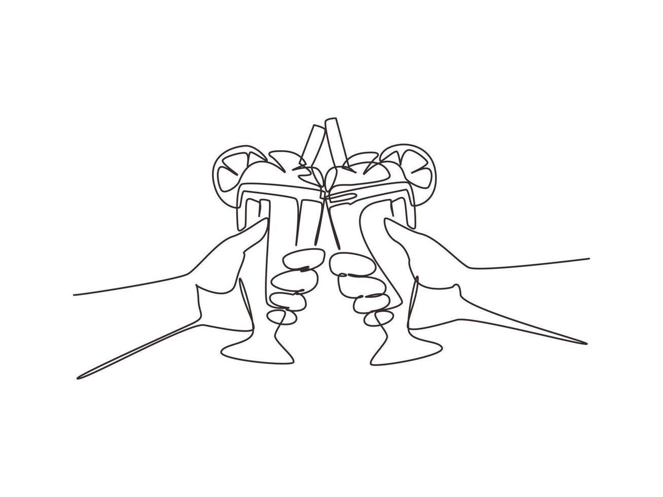 Single one line drawing close-up cropped view of people clinking with glasses of milkshake. Couple is toasting with glass and drink milkshake. Continuous line draw design graphic vector illustration