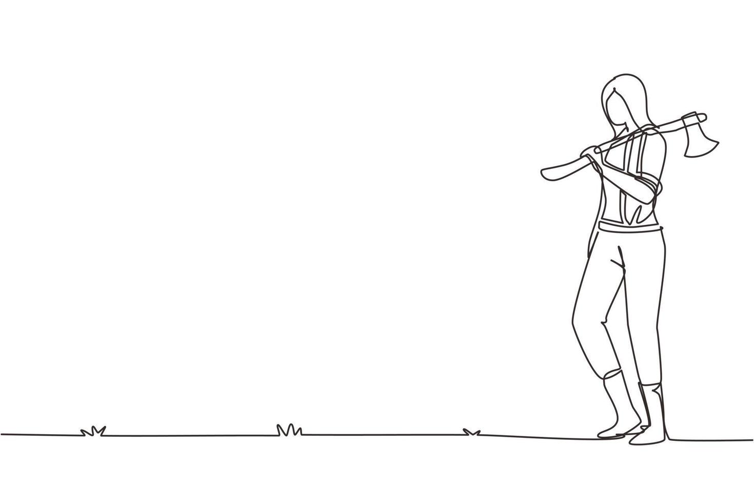 Single continuous line drawing cute woman lumberjack standing hold axe. Wearing shirt, jeans, boots. Holding on her shoulder a ax. Female woodcutter pose on logging forest. One line draw design vector