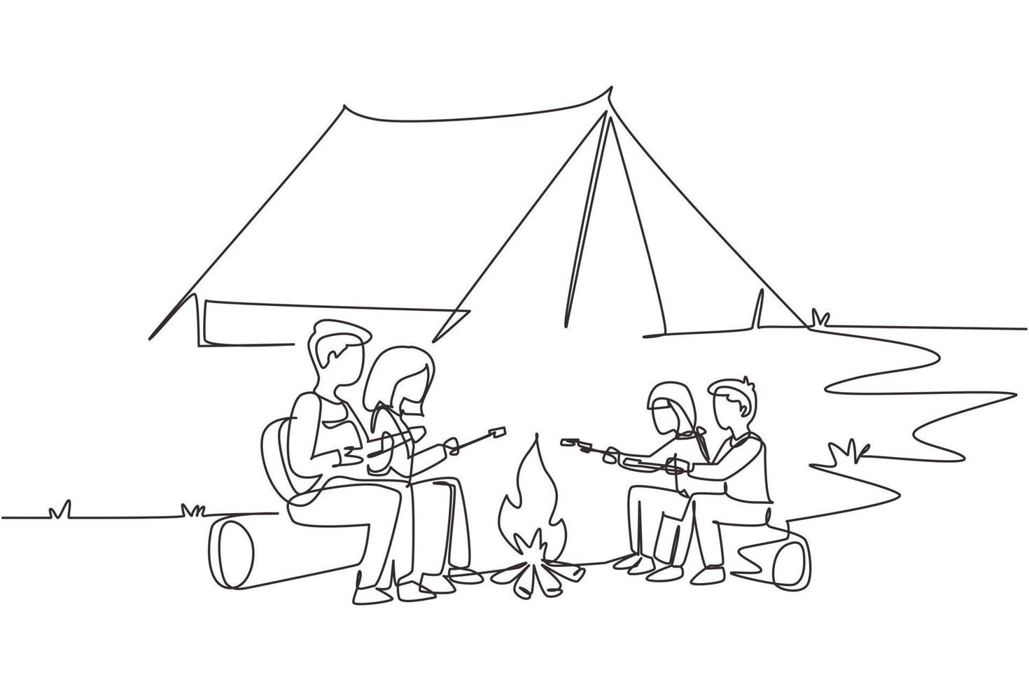 Single continuous line drawing hiker family sit by campfire. Tourist campers. Dad playing guitar, mom and kids roast marshmallows. Night camping entertainment. One line draw design vector illustration