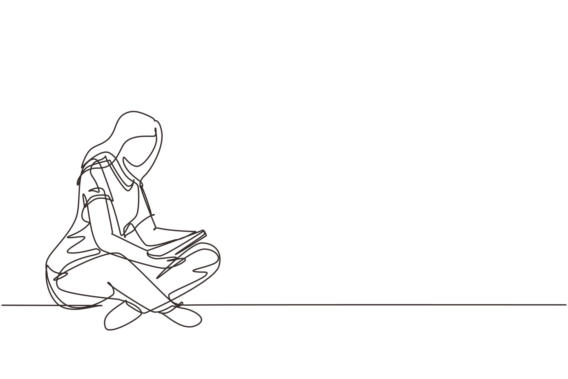 Single continuous line drawing cute lady sitting on floor, reading book