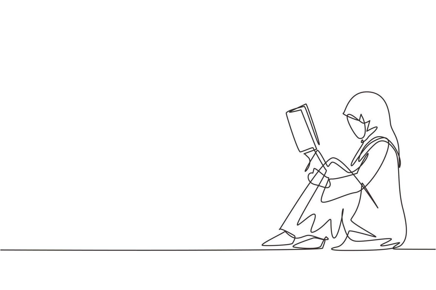 Single continuous line drawing young Arabian woman sitting on floor, reading book. Reading, studying. Girl love to read literature. Education, library concept. one line draw design vector illustration