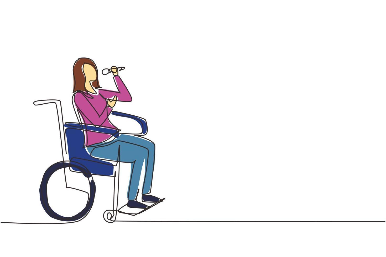 dibujo continuo de una línea persona discapacitada disfrutando de la vida. mujer de belleza sentada en silla de ruedas cantando en el bar de karaoke. pasar tiempo en un lugar recreativo. ilustración de vector de diseño de dibujo de una sola línea