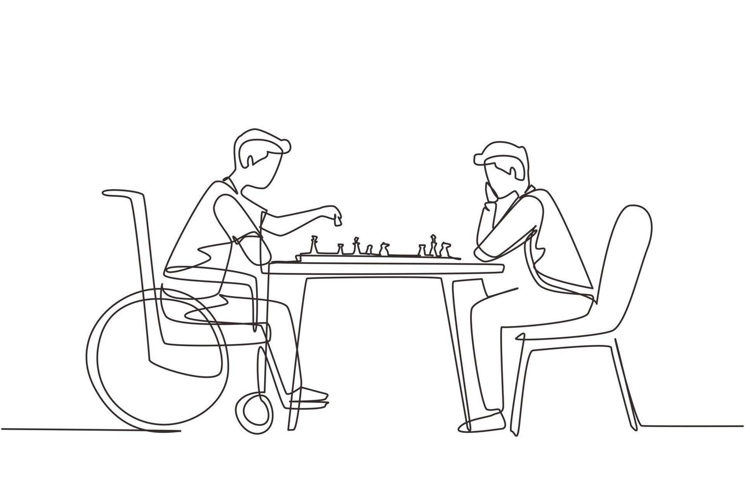 Single one line drawing disabled man in wheelchair plays chess with friend. People on social adaptation, hobby, tolerance, inclusive, accessibility and diversity. Continuous line draw design vector