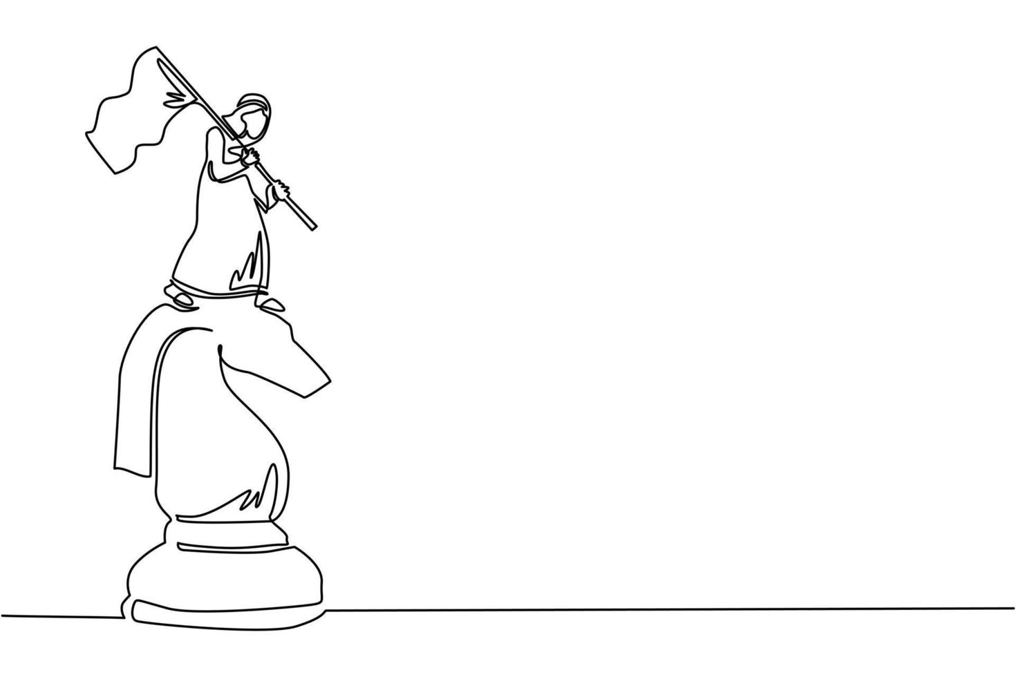 Continuous one line drawing Arabian businessman standing on top of big horse knight chess and waving a flag. Business achievement goal, metaphor concept. Single line draw design vector illustration