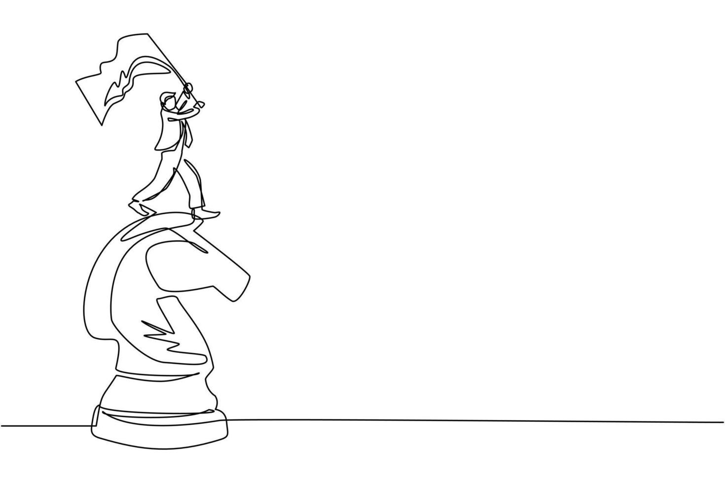 Single continuous line drawing businessman standing on top of big horse knight chess and waving a flag. Business achievement goal, metaphor concept. One line draw graphic design vector illustration