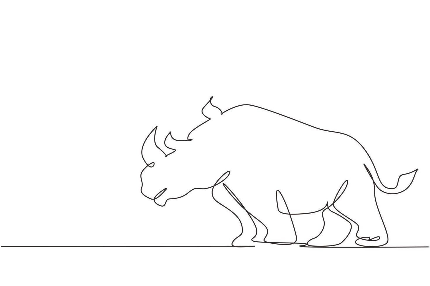 Continuous one line drawing strong rhinoceros for conservation national park logo identity. African rhino animal mascot for national zoo safari. Single line draw design vector graphic illustration