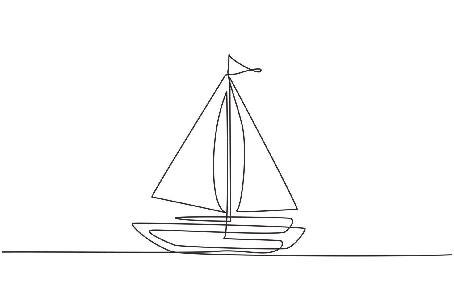 Single one line drawing little sailing ship, boat, sailboat, flat style. Icon or symbol of toy boat, sailing ship, sailboat with white sails. Continuous line draw design graphic vector illustration