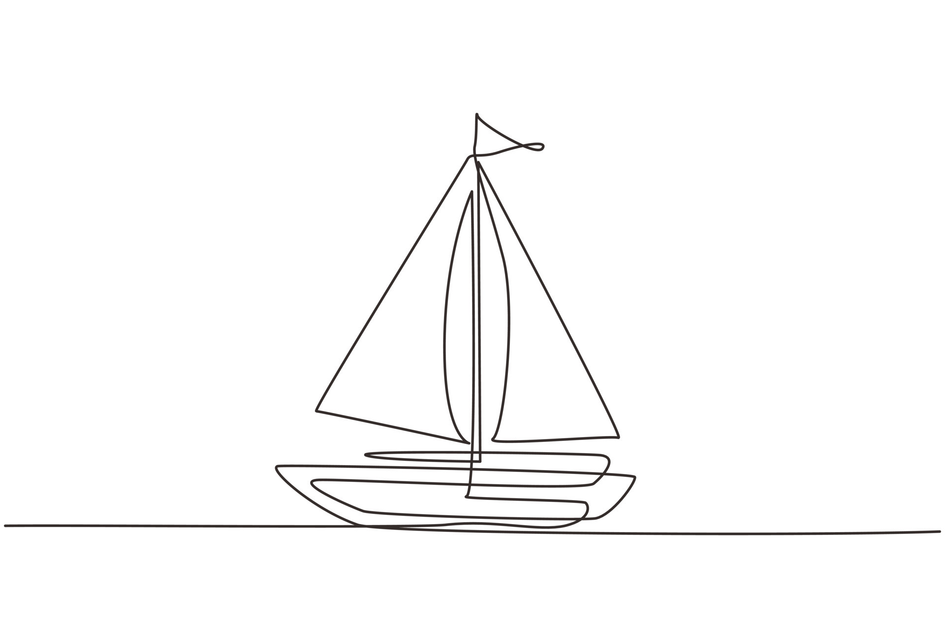 Single one line drawing little sailing ship, boat, sailboat, flat style