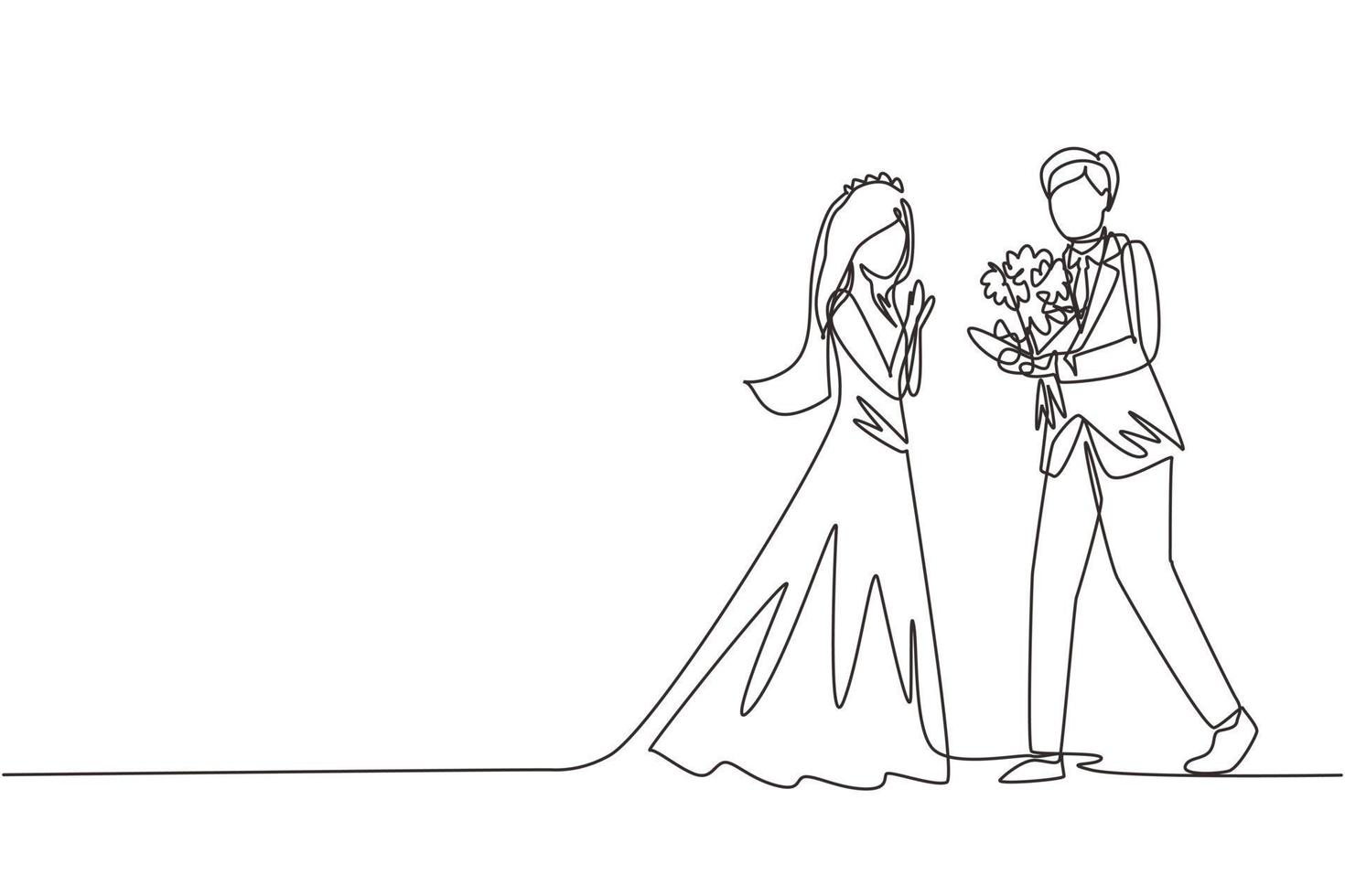 Single one line drawing man making proposal marriage to woman with bouquet. Boy surprises his girl wearing wedding dress and giving flowers. Love relation. Continuous line draw design graphic vector