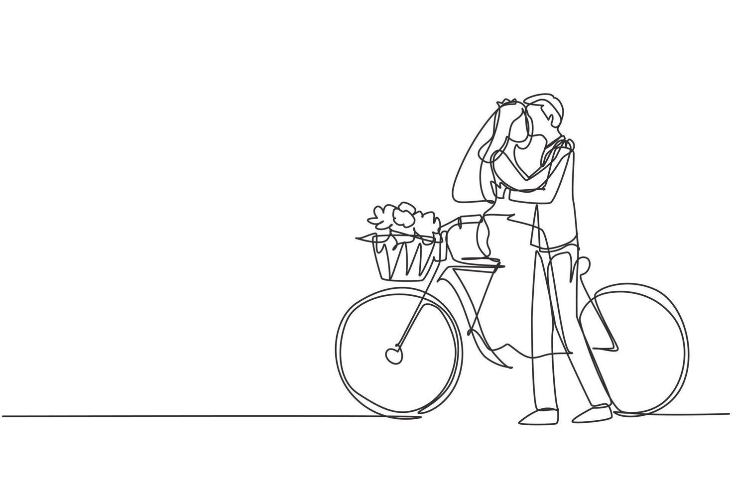 Single continuous line drawing loving married couple sitting on bicycle and kissing. Romantic human relation, love story, newlywed family in honeymoon. One line draw graphic design vector illustration