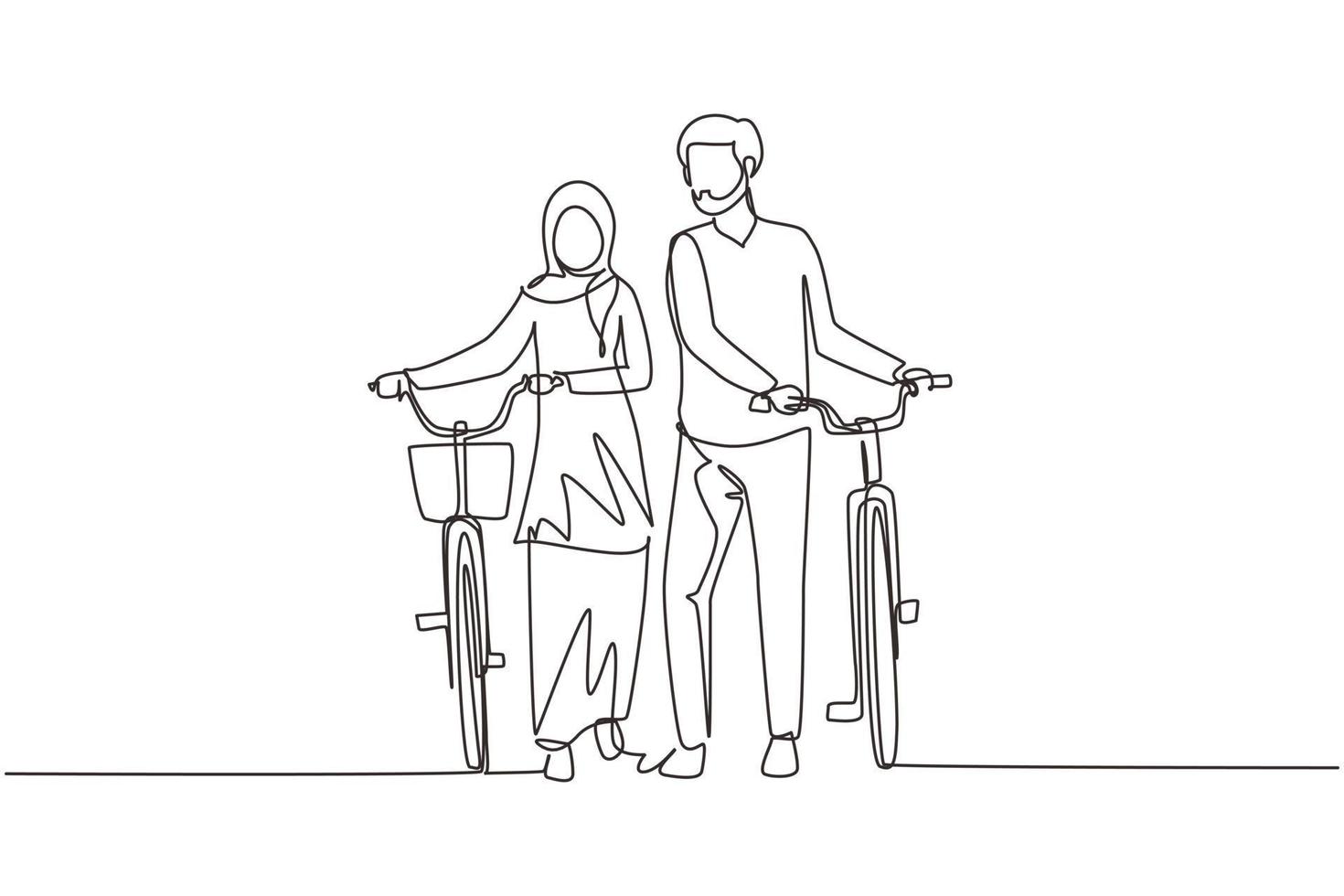Single continuous line drawing cyclists walking down forest road with their bicycles on summer day. Young Arab man and woman in love. Happy romantic married couple. One line draw graphic design vector