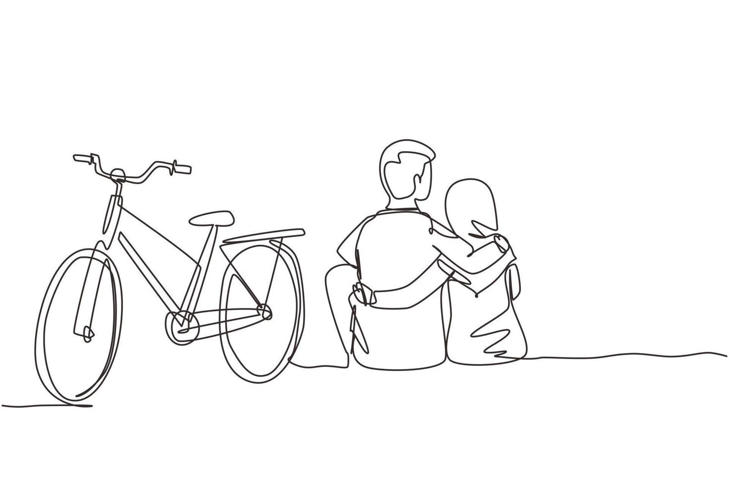 vista trasera de una sola línea de una pareja adolescente romántica sentada al aire libre con una bicicleta a su lado. hombre árabe y mujer enamorada. feliz pareja casada. vector gráfico de diseño de dibujo de línea continua