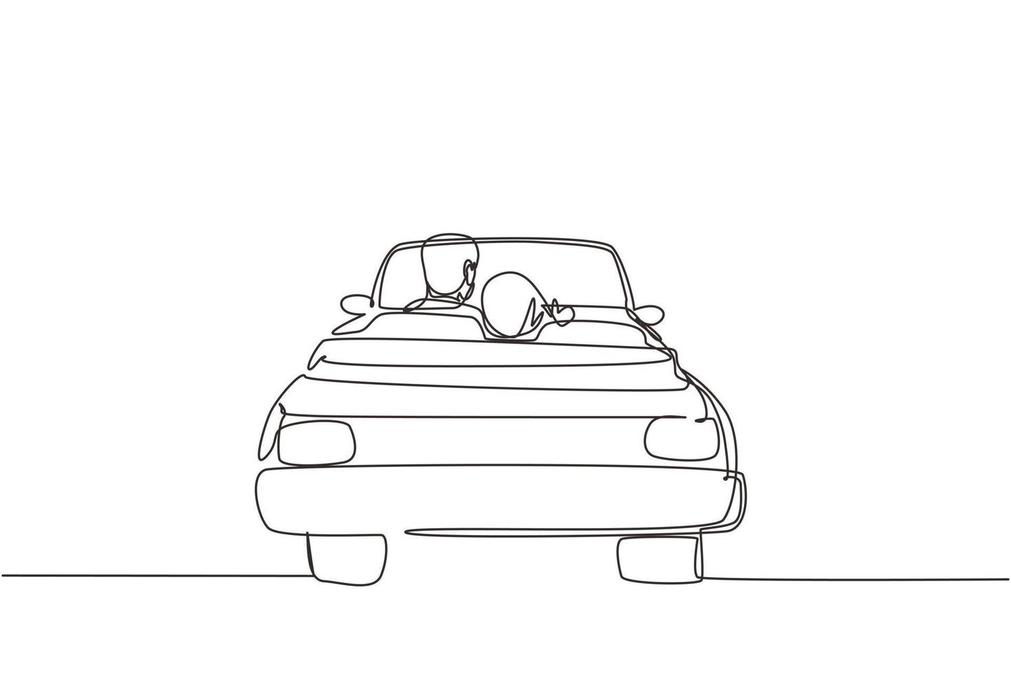 Single continuous line drawing back view loving Arabian couple sitting and hugging in convertible car. Man woman getting ready for wedding. Engagement and love relations. One line draw graphic design vector