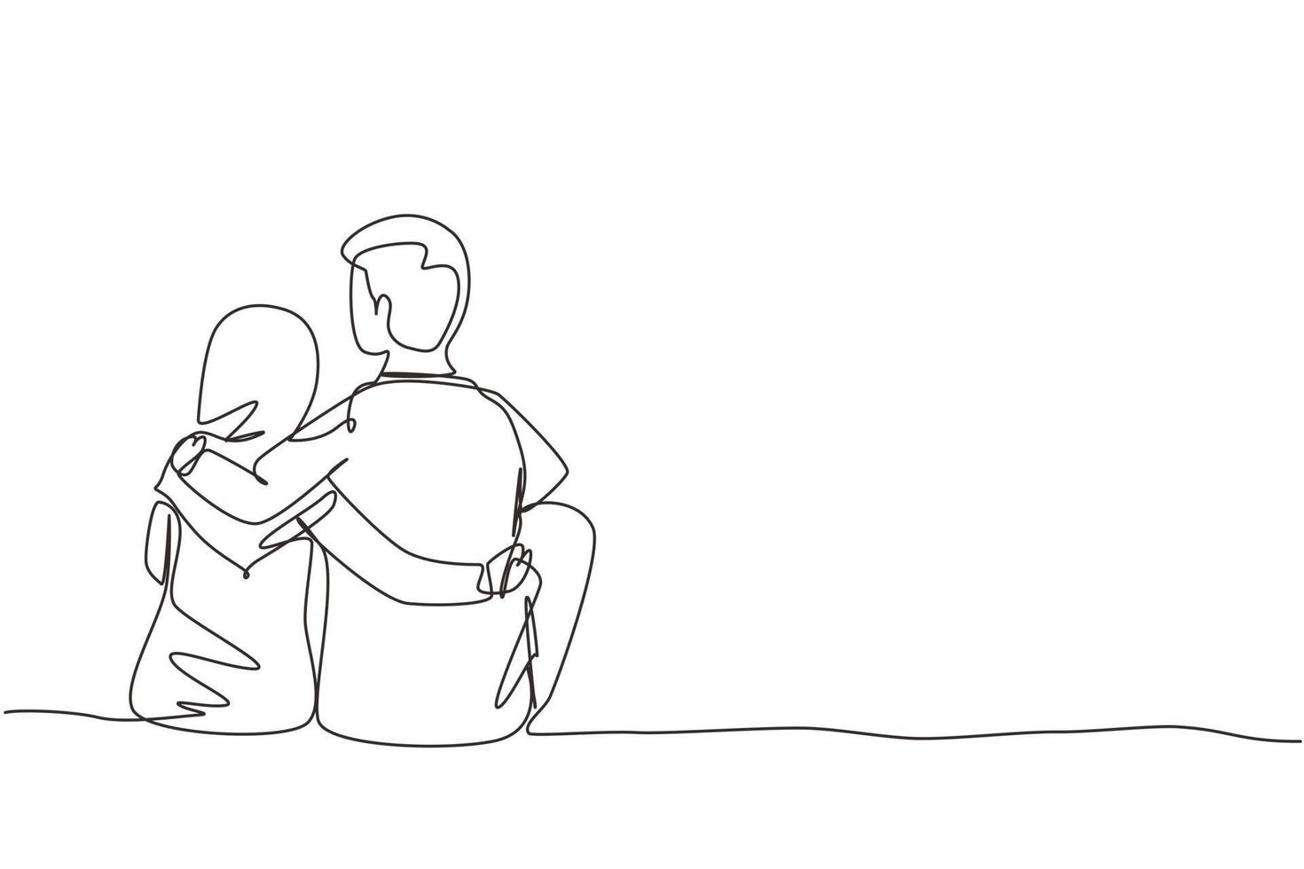 Single continuous line drawing romantic Arab couple in love sitting and hugging at city park. Happy couple getting ready for wedding. Engagement and love relation. One line draw graphic design vector