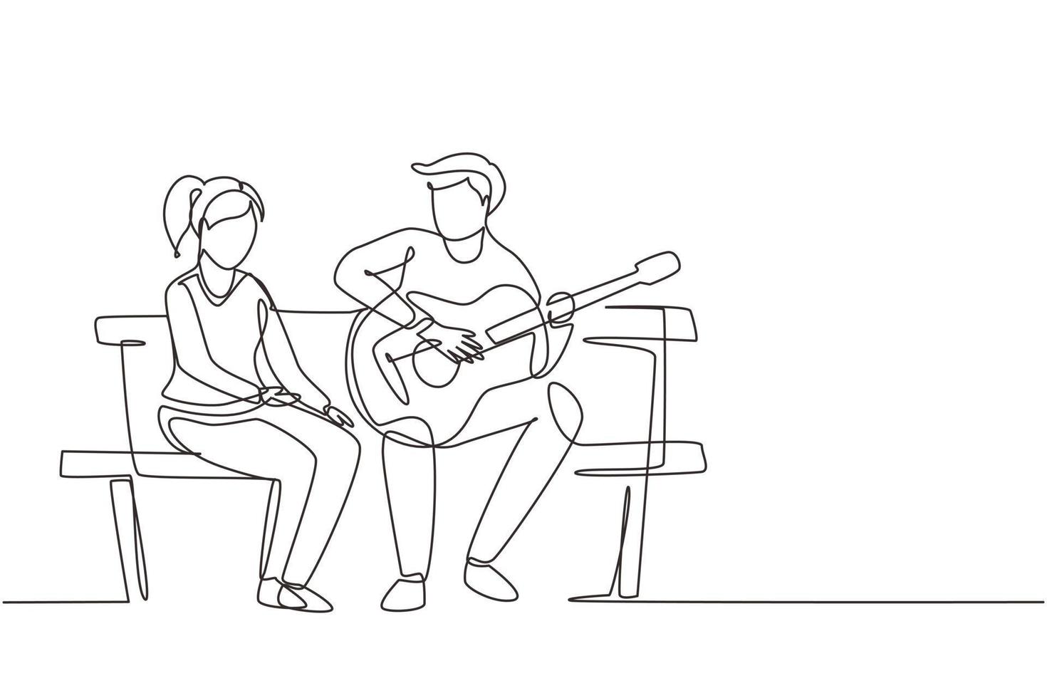 Single continuous line drawing people sitting on wooden bench in park. Couple on date, man playing music on guitar, girl listen and singing together. One line draw graphic design vector illustration