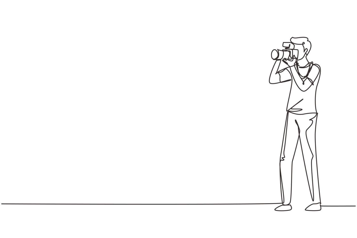 dibujo de una sola línea feliz fotógrafo profesional tomando fotos usando una cámara dslr. joven personaje masculino disparando con cámara de lente. ilustración de vector gráfico de diseño de dibujo de línea continua moderna