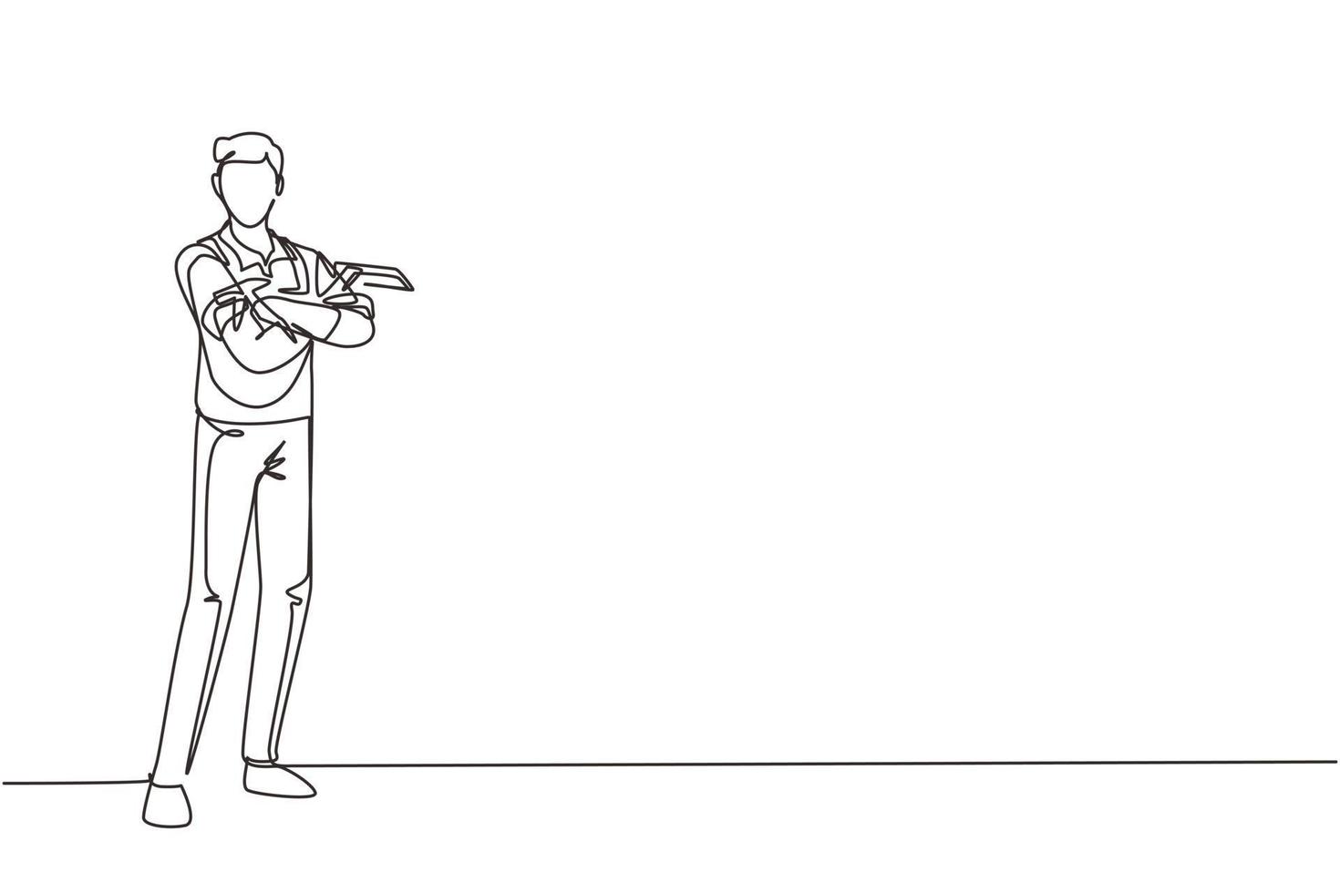 Continuous one line drawing cleaning worker posing and holding cleaning tool. Cleaning service with cool pose. Concept of people enjoying working in cleaning services. Single line draw design vector