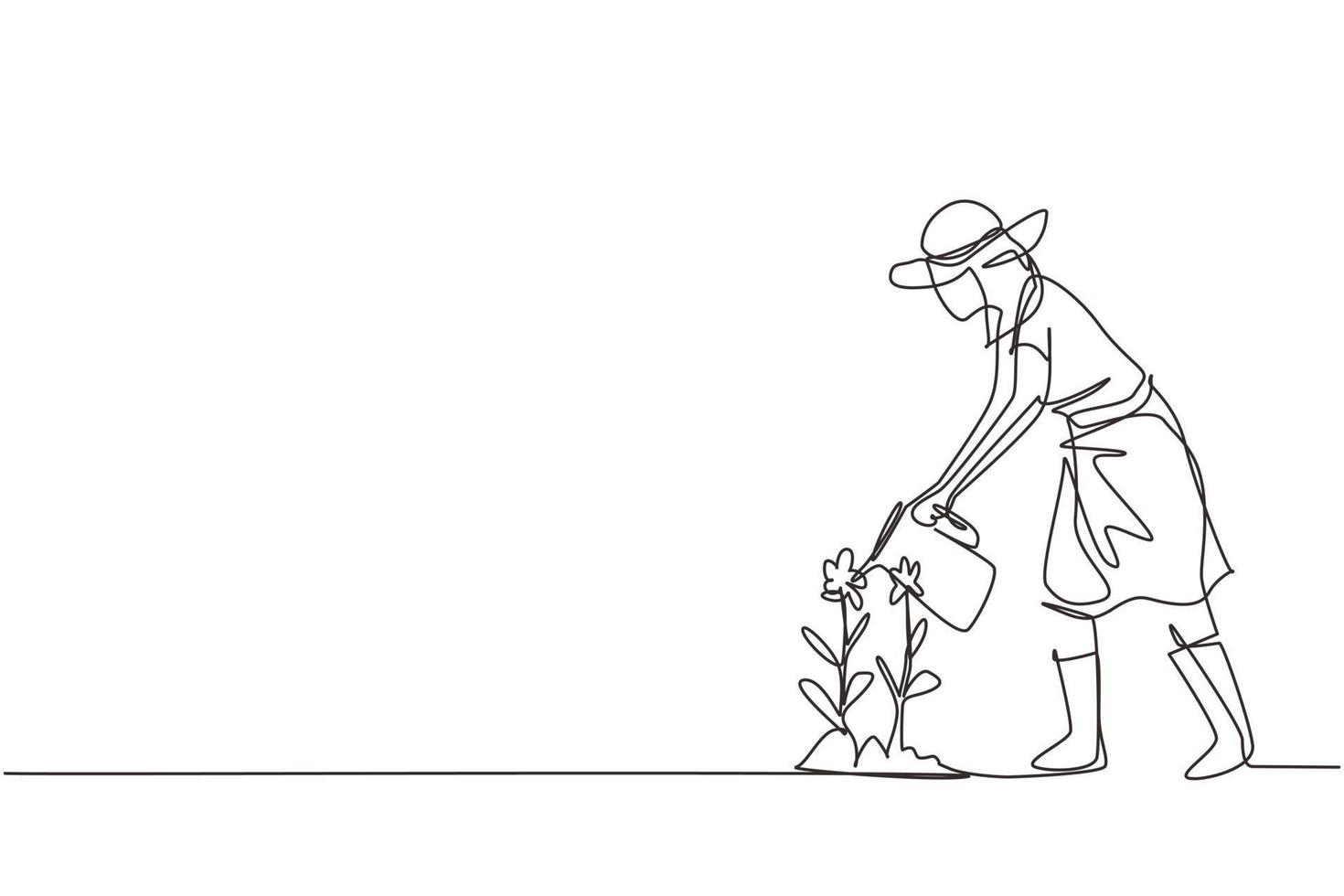 Single continuous line drawing girl volunteer watering plant with watering can, volunteering, charity, supporting people. Botanical garden, planting flowers. One line draw design vector illustration