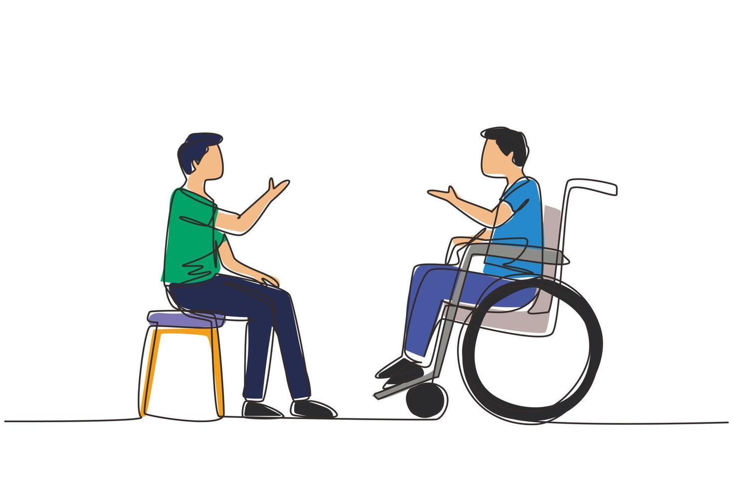 una sola línea continua dibujando a dos personas sentadas charlando, una usando una silla, otra usando una silla de ruedas. el hombre amistoso está hablando entre sí, sociedad humana discapacitada. ilustración vectorial de diseño de una línea vector