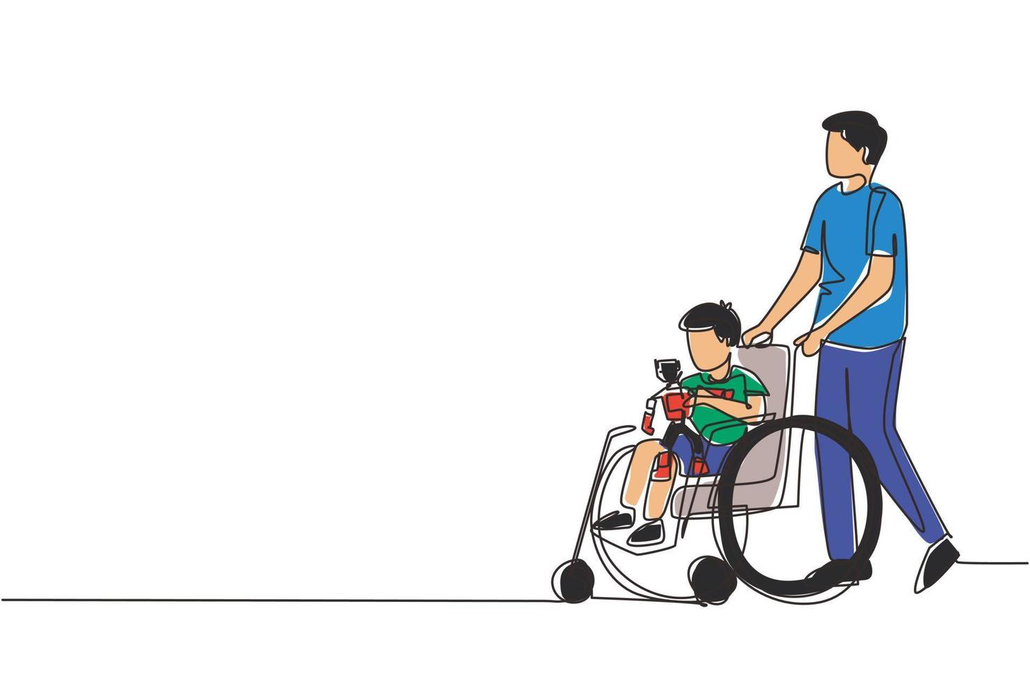 centro de rehabilitación de dibujo de una sola línea para niños. el padre cuida al niño. papá feliz ayuda a los niños con discapacidades en silla de ruedas con juguetes robot. vector de diseño de dibujo de línea continua