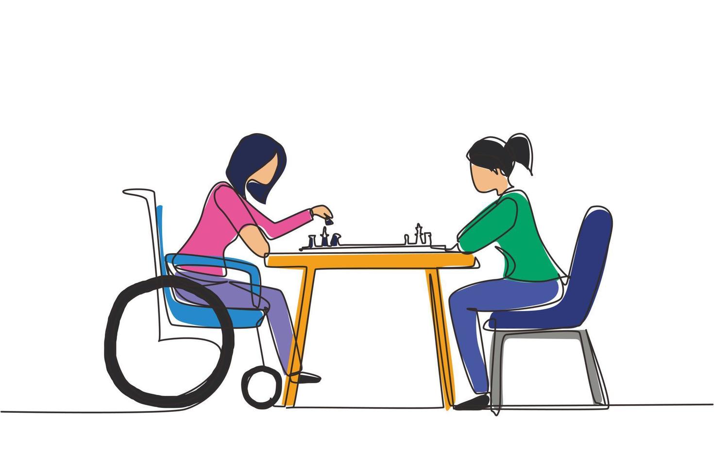 Single one line drawing disabled woman in wheelchair plays chess with friend. People on social adaptation, hobby, tolerance, inclusive, accessibility and diversity. Continuous line draw design vector