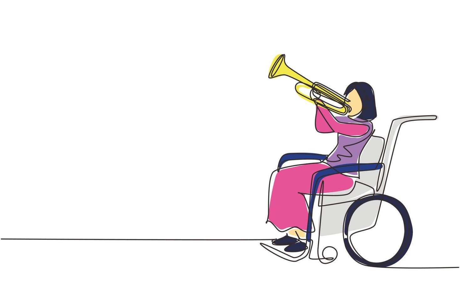 dibujo de una sola línea hermosa mujer en silla de ruedas tocando la trompeta durante la lección de música. Físicamente desarmado. persona en el hospital. paciente del centro de rehabilitación. vector de diseño de línea continua