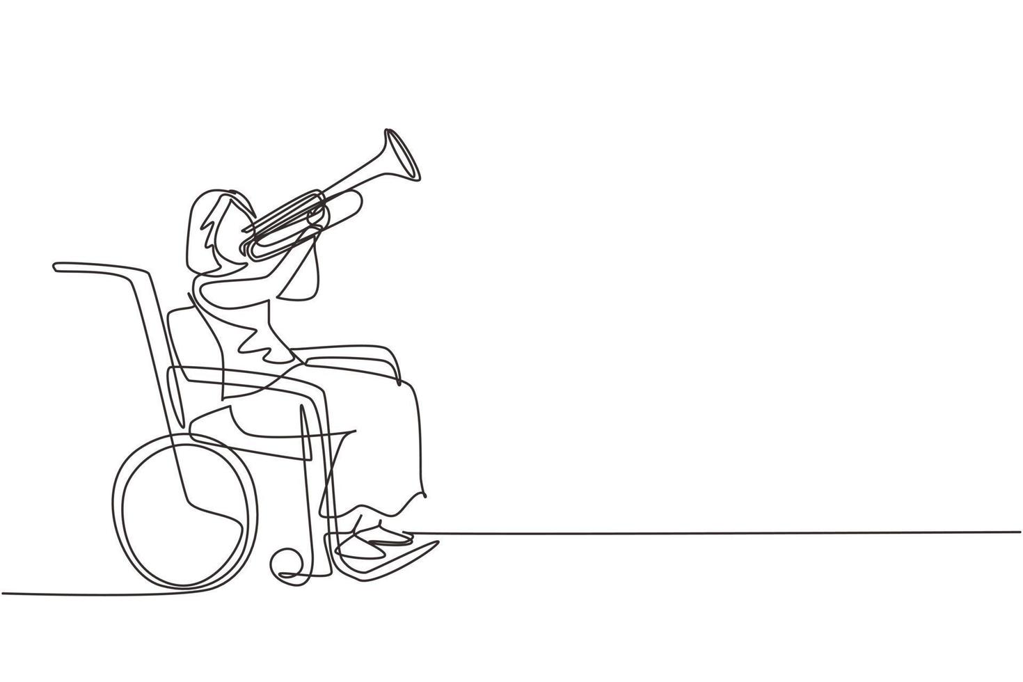 Single one line drawing beautiful female in wheelchair playing trumpet during music lesson. Physically disabled. Person in hospital. Rehabilitation center patient. Continuous line design vector