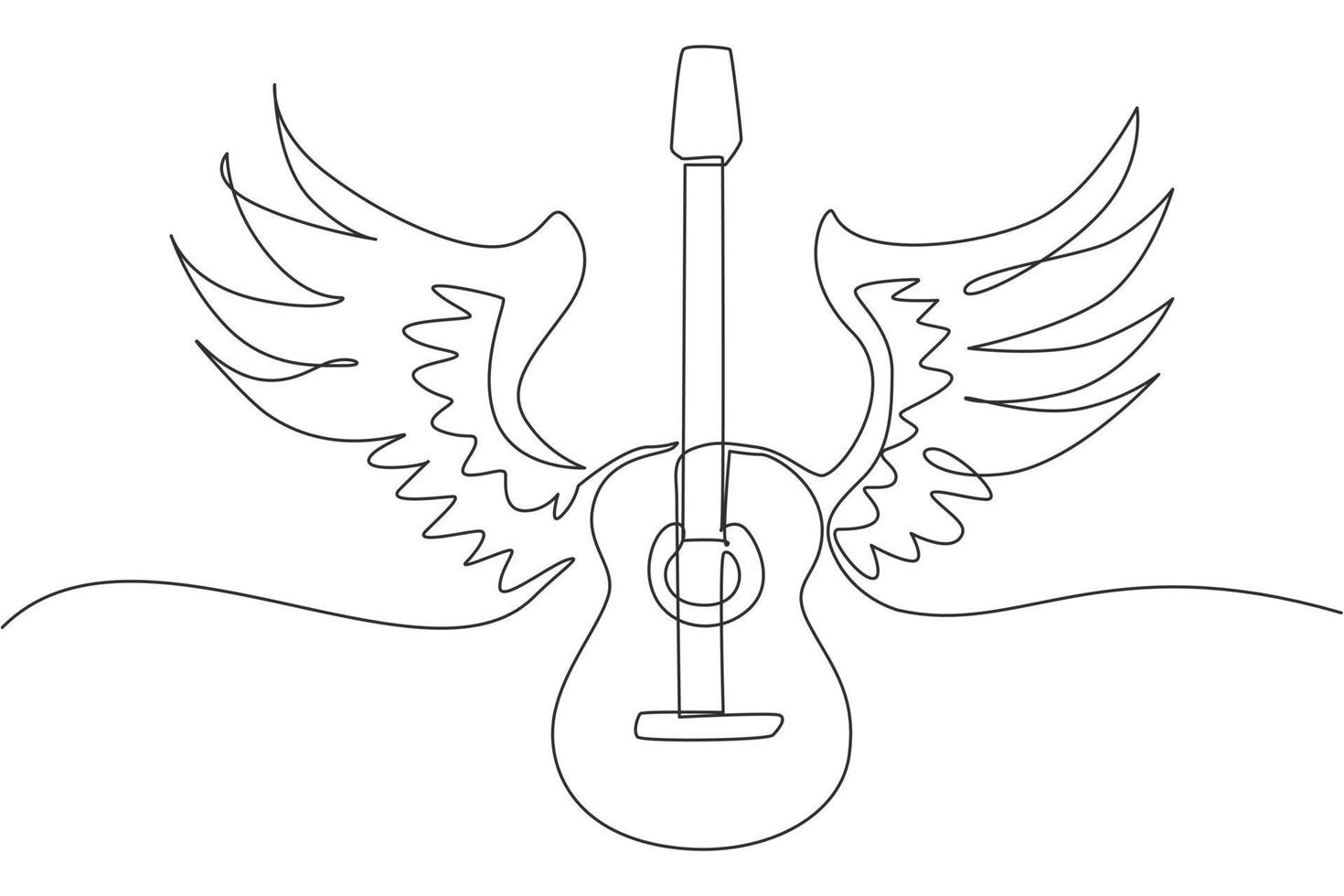 Single one line drawing stylized acoustic guitar with angel wings. Black and white illustration musical instrument. Rock concert. Musical emblem. Modern continuous line draw design graphic vector