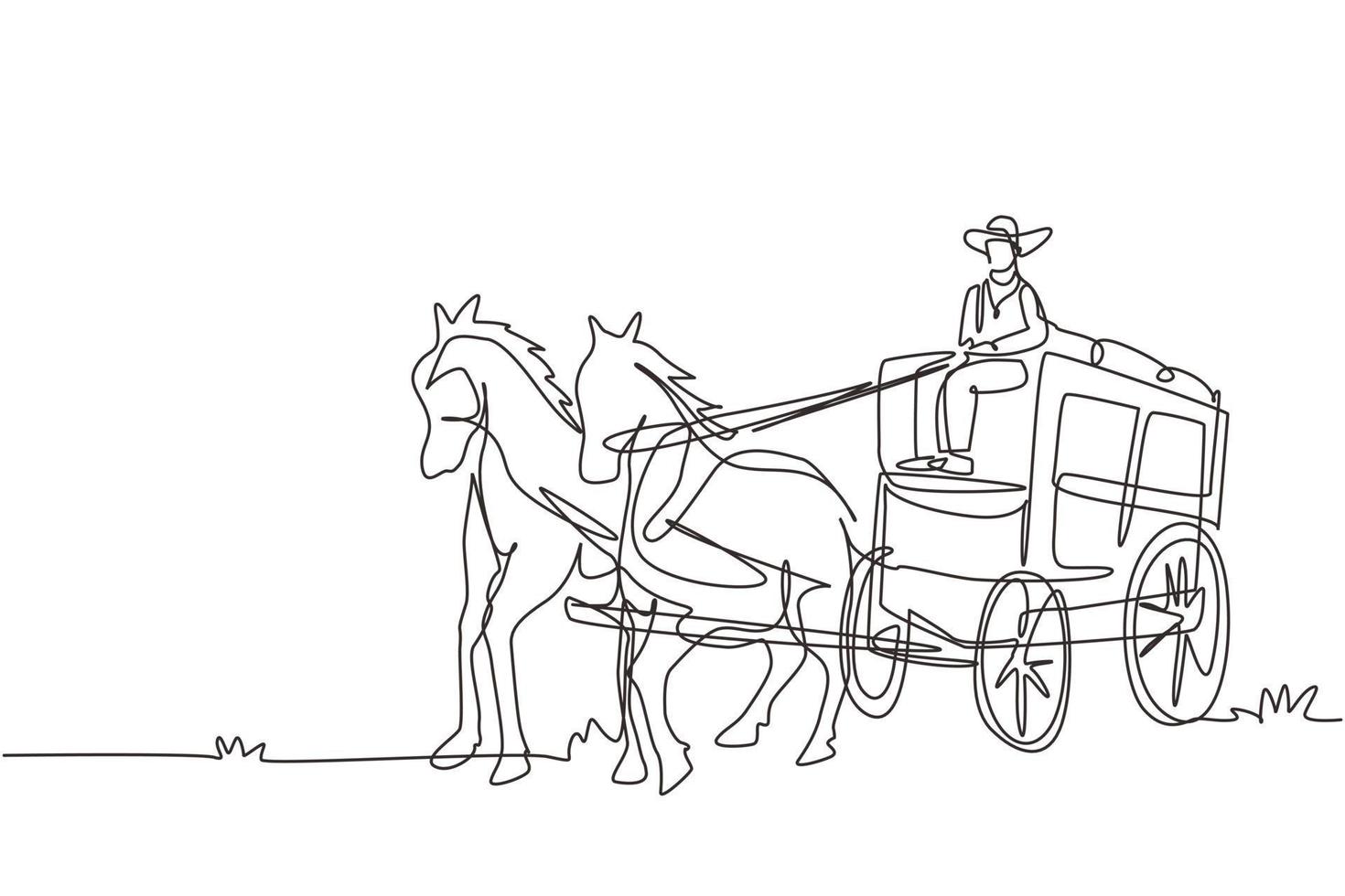 dibujo continuo de una línea viejo carruaje tirado por caballos del salvaje oeste con entrenador. diligencia occidental vintage con caballos. vagones cubiertos del salvaje oeste en el desierto. ilustración gráfica de vector de diseño de línea única