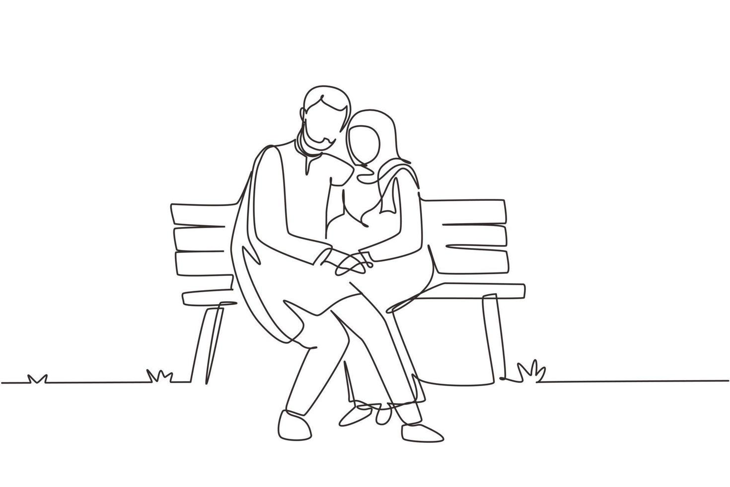 Single continuous line drawing romantic Arab couple. Woman man sitting on bench in city park. Happy family concept. Intimacy celebrates wedding anniversary. Dynamic one line draw graphic design vector