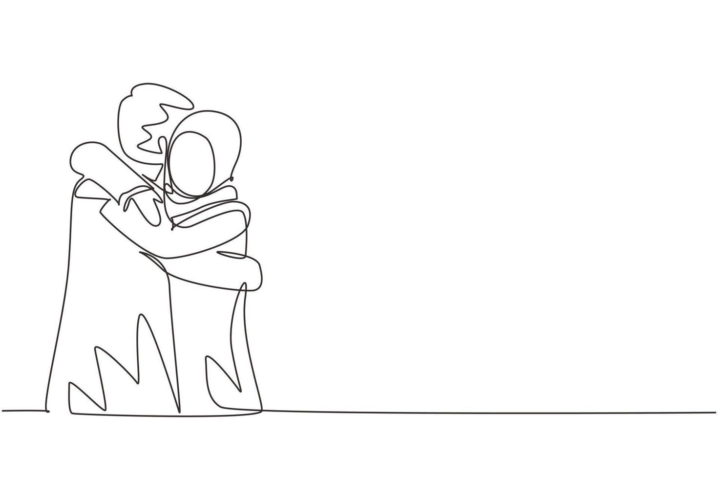 Single one line drawing Arabian girl is hugging boy with smile. Happy man hugging and embracing woman. Couple dating characters. Happy family concept. Modern continuous line draw design graphic vector