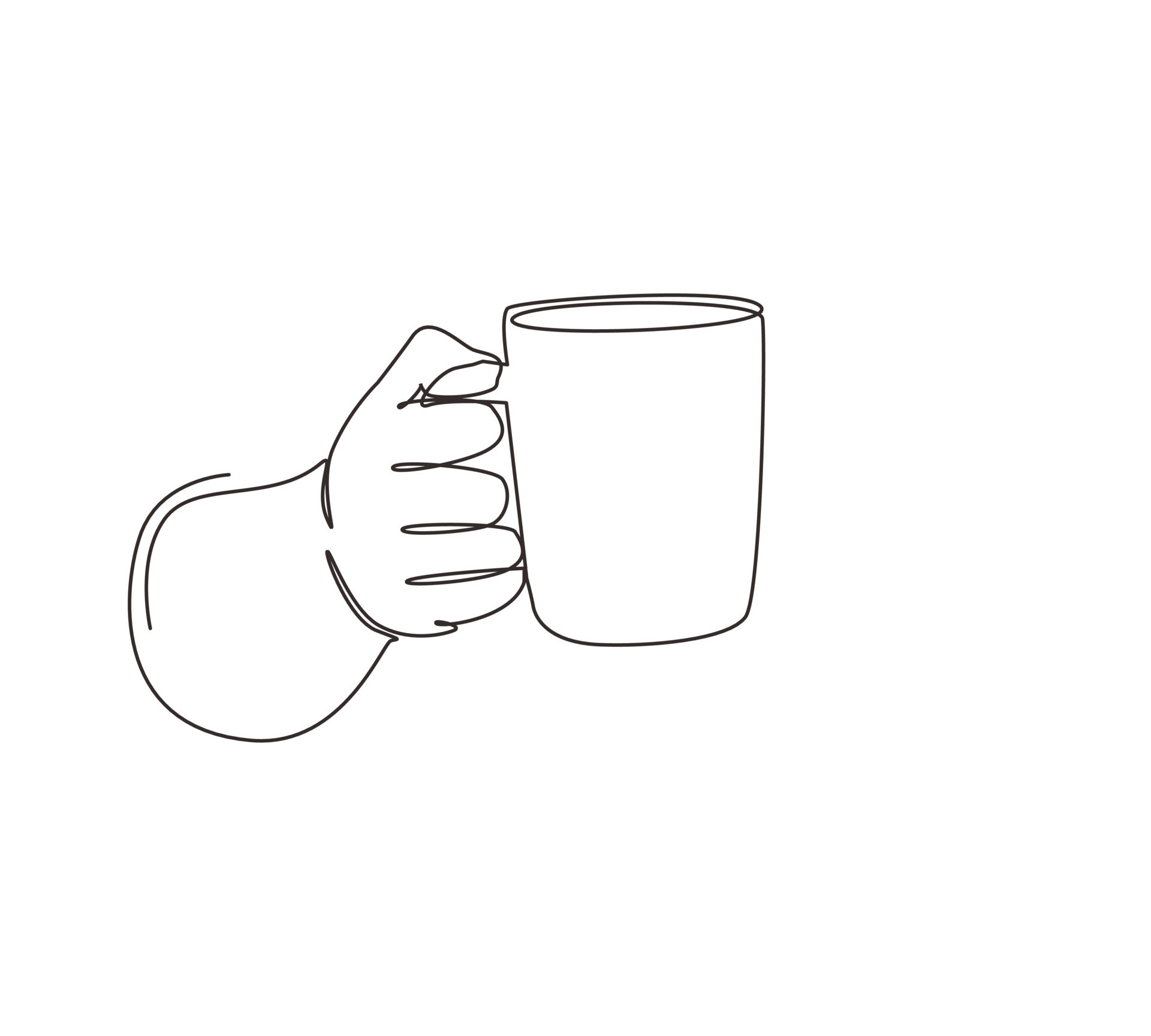 Continuous one line drawing hand holds a hot chocolate mug by the