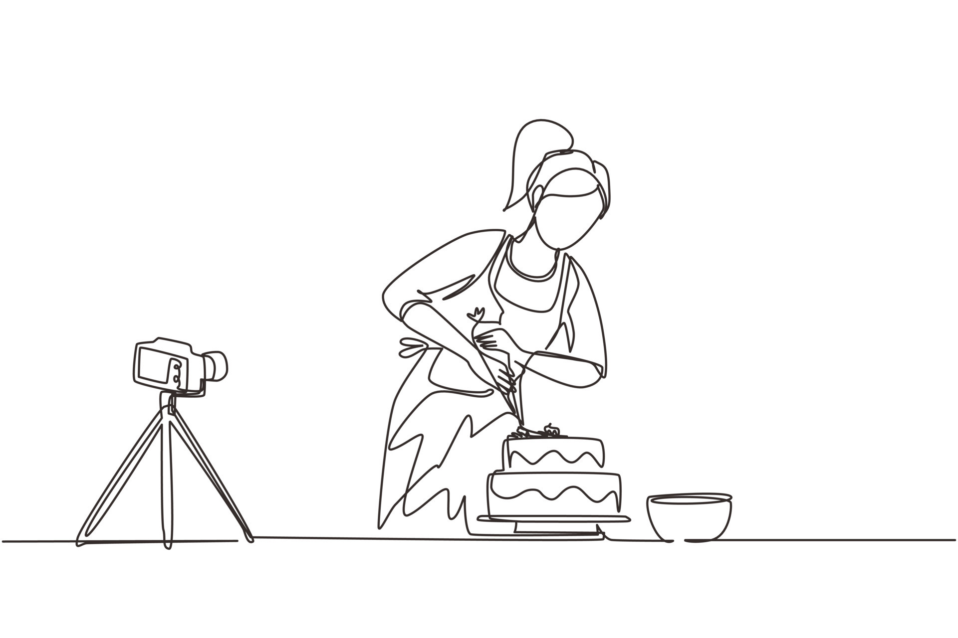 Single continuous line drawing girl baking and decorating cake at