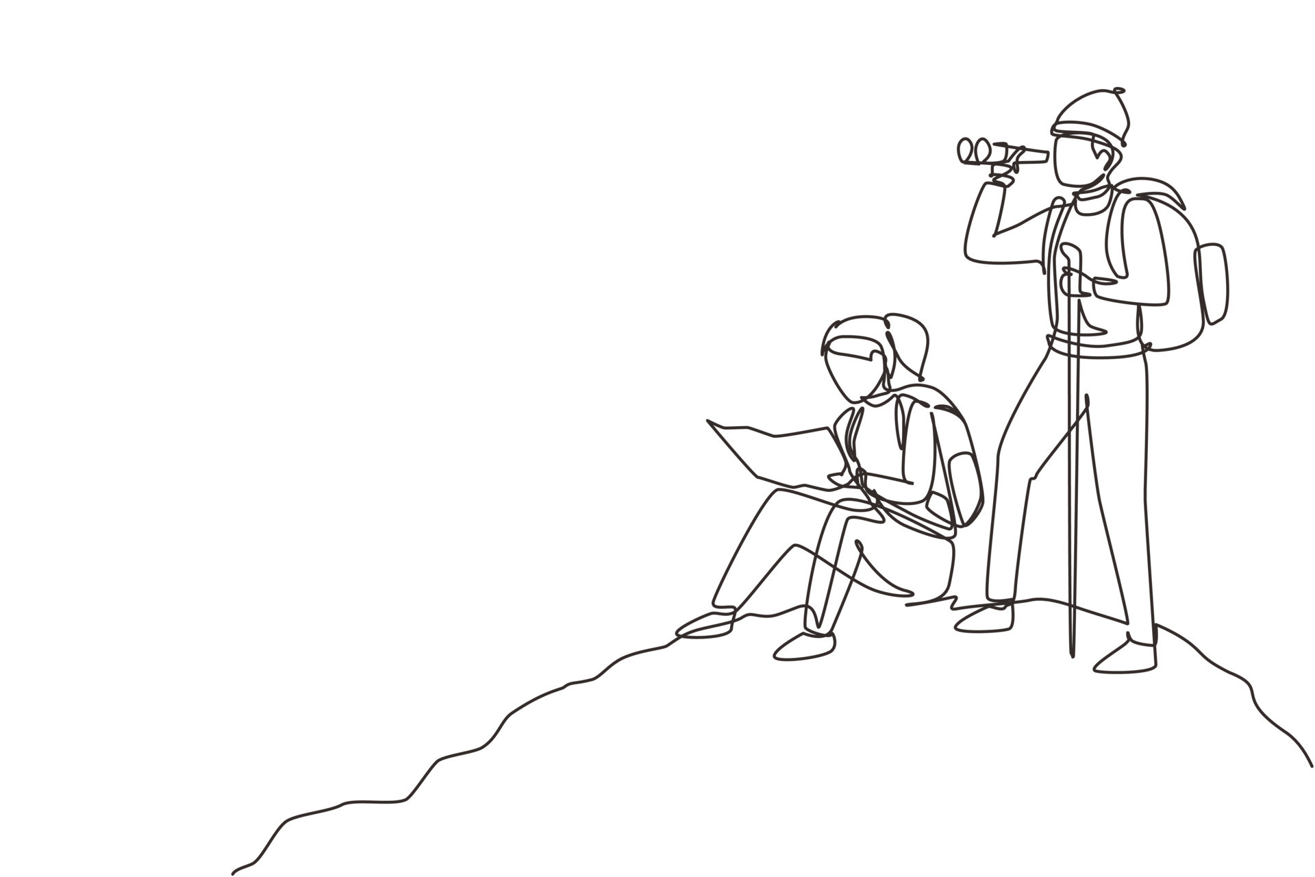 Continuous one line drawing couple man woman hikers with backpacks