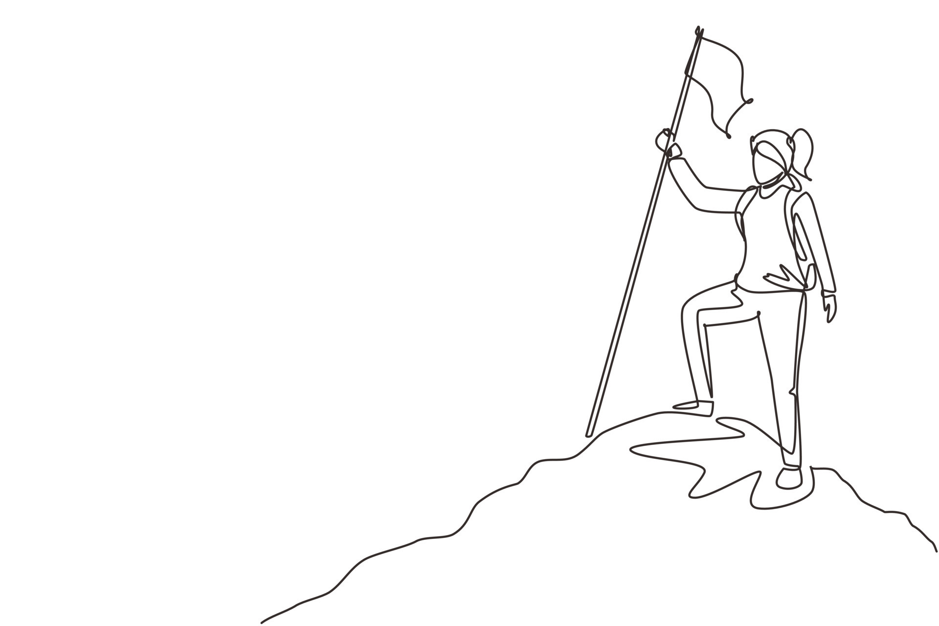 Single one line drawing woman climber standing on top of mountain with
