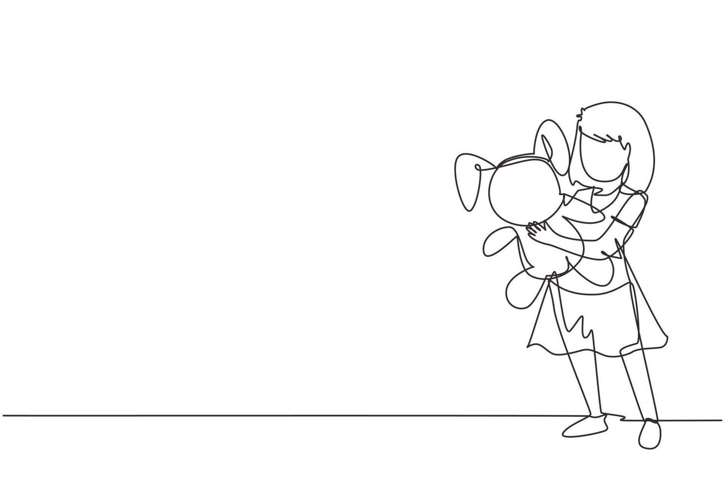 Single continuous line drawing portrait of smiling little girl hugging teddy bear at home. Childhood, toy. Little girl playing with teddy bear. Dynamic one line draw graphic design vector illustration