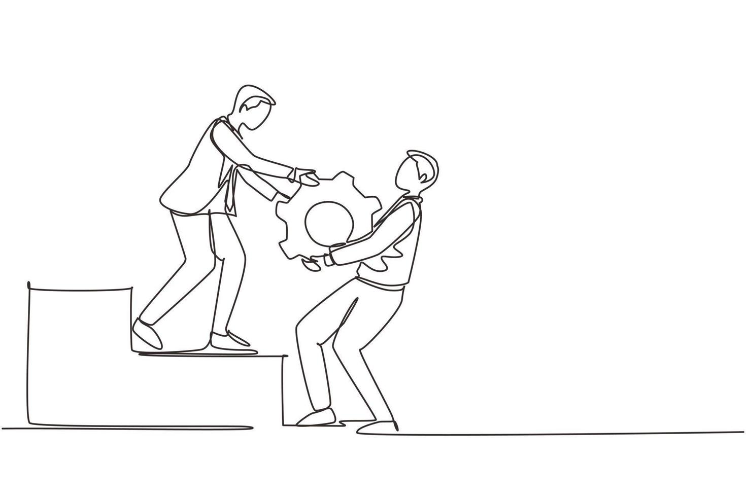 Continuous one line drawing businessman helping his partner to lifting cogs or gears on top of stairs. Teamwork, goal achievement, solution, success, winner concept. Single line draw design vector