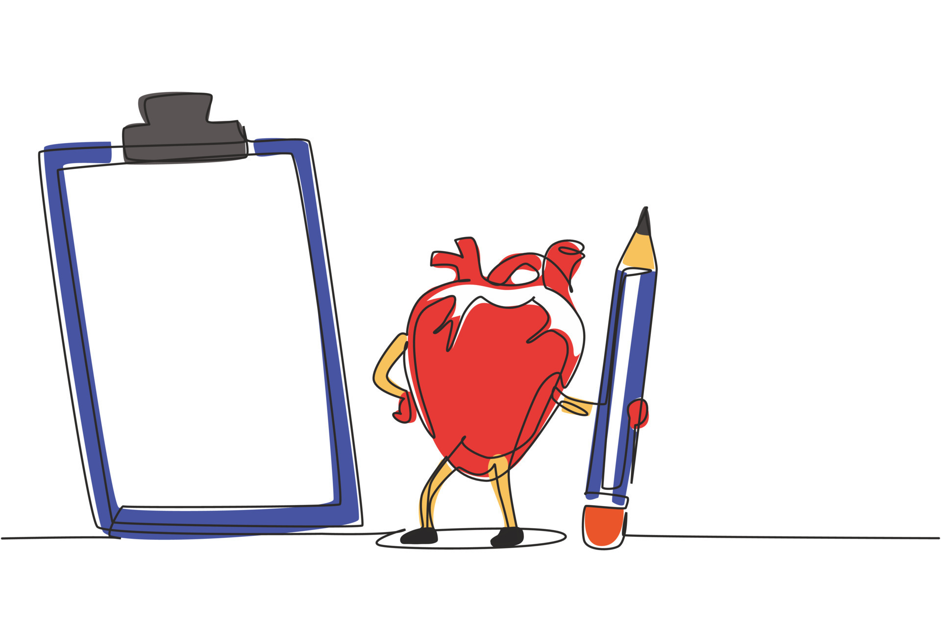 Single continuous line drawing cartoon anatomical human heart organ