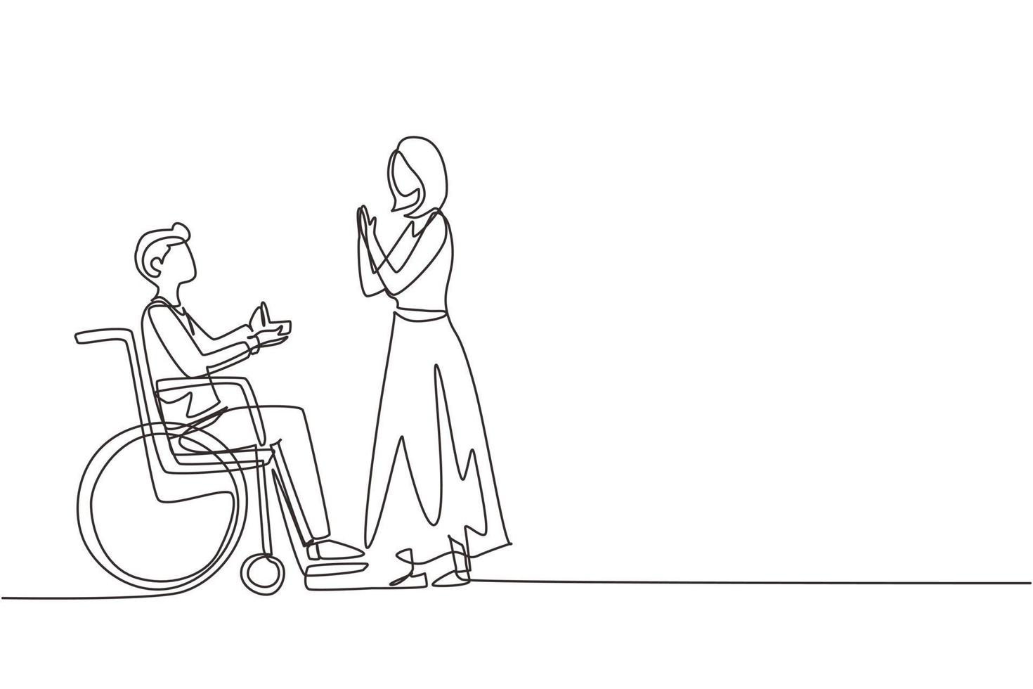 Single continuous line drawing disabled person character. Man made proposal to girl, wedding. Happy family. Positive man with special needs in wheelchair. One line draw design vector illustration