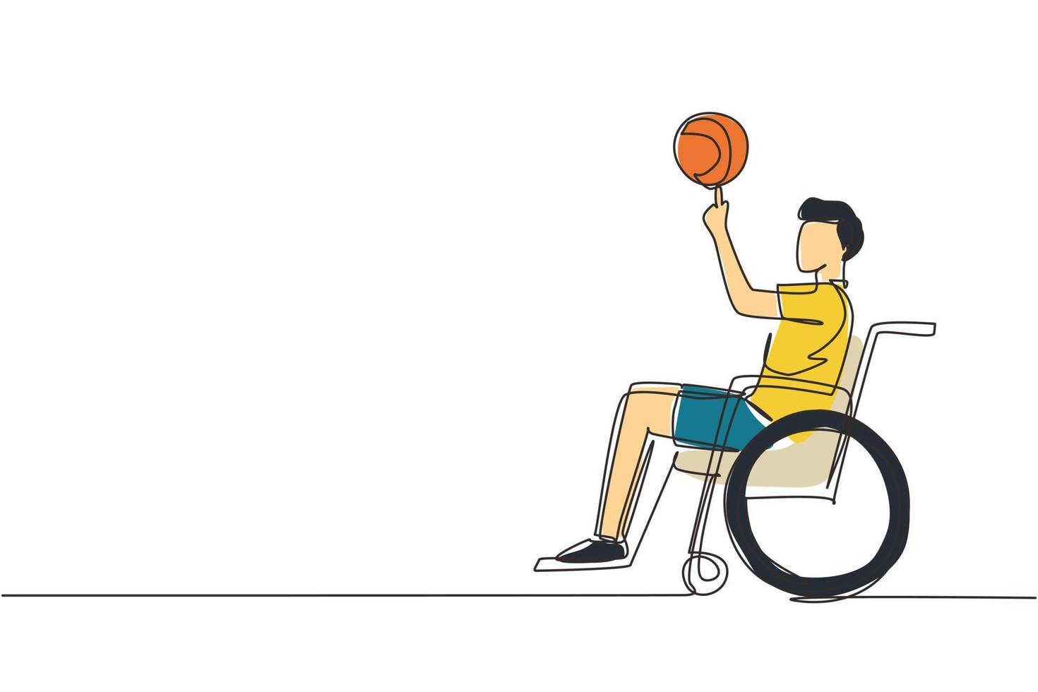 Single continuous line drawing young guy in wheelchair plays basketball. Disabled person spins basketball on his finger. Exercise for people with disabilities. One line draw design vector illustration